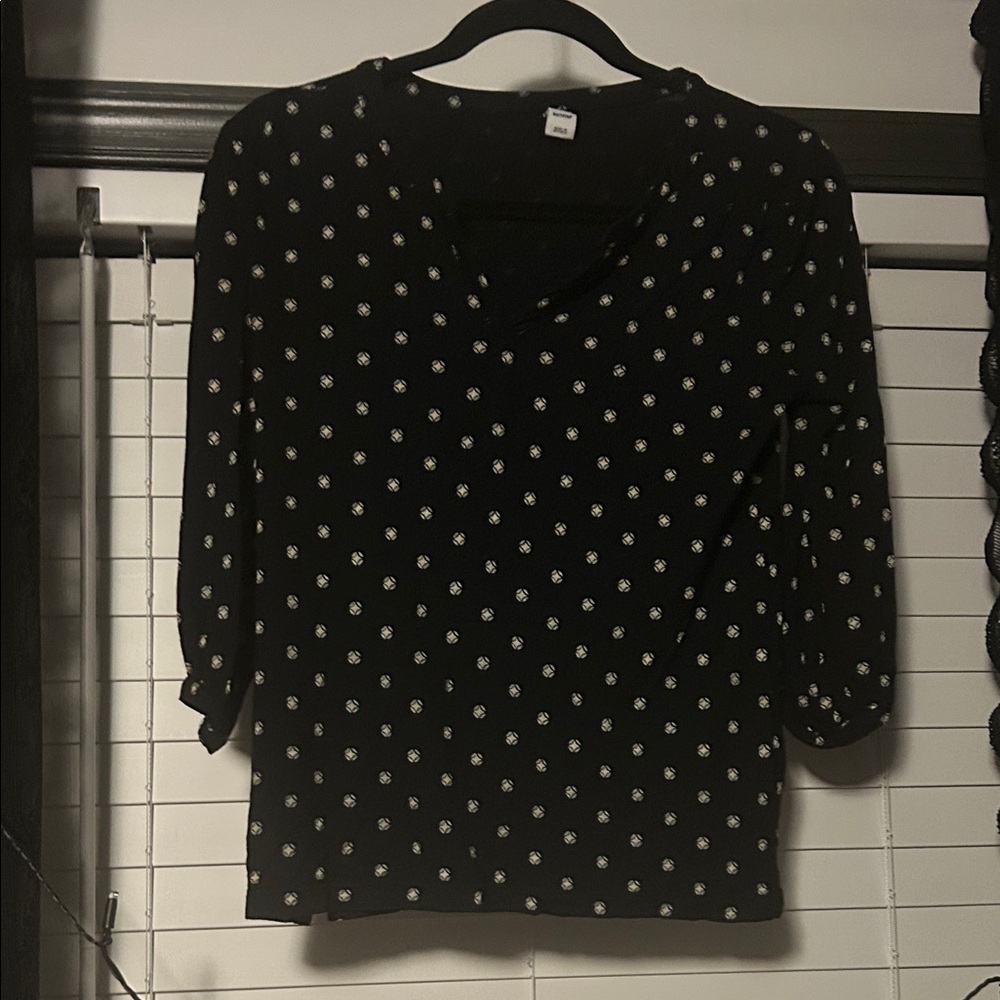 Old Navy Black Blouse with Yellow/White Polka Dots